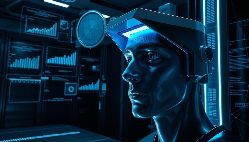 A futuristic, high-contrast scene depicting biometric surveillance technologies. In the foreground, a hyper-realistic human face is being scanned by a sleek, angular biometric scanner, its cold, blue light glowing. In the middle ground, various data visualization elements float and swirl - graphs, matrices, and lines of code. The background is a shadowy, metallic environment, hinting at the vast, unseen network of surveillance infrastructure. Dramatic lighting casts sharp shadows, creating a sense of unease and the feeling of being watched. The overall atmosphere is one of advanced, uncompromising technological control.