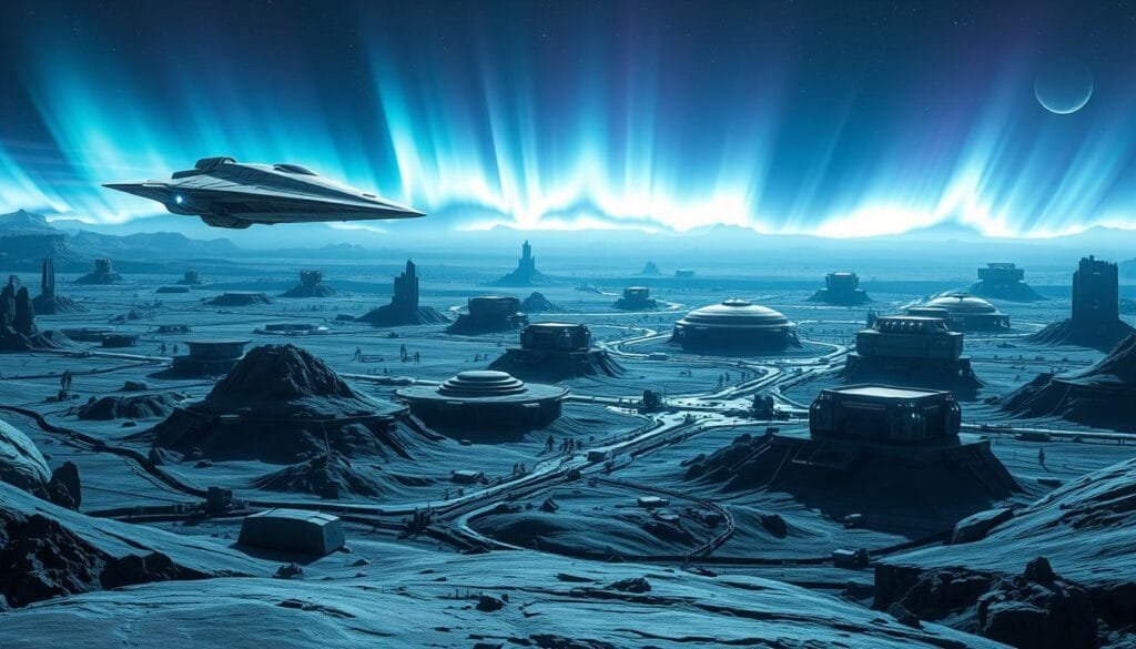 A futuristic landscape of advanced space exploration technology. In the foreground, a sleek, angular spacecraft hovers above a desolate, alien-looking planet, its powerful engines emitting a faint glow. In the middle ground, a network of modular habitats and research stations dot the rugged terrain, connected by a web of gleaming, high-tech infrastructure. In the background, a stunning, aurora-lit sky fills the frame, hinting at the wonders of the cosmos beyond. The scene is bathed in a cool, metallic color palette, conveying a sense of cutting-edge innovation and humanity's persistent drive to explore the unknown.