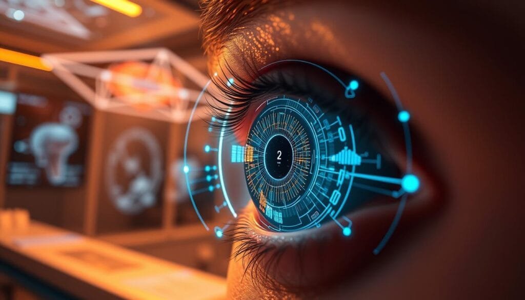 A futuristic ophthalmology scene showcasing augmented reality integration. In the foreground, a person's eye appears enlarged, with a transparent digital overlay displaying intricate eye anatomy and dynamic AR data visualizations. The middle ground features advanced AR contact lenses or implants, seamlessly blending with the eye. In the background, holographic displays and projections illuminate the emerging AR healthcare technologies, creating an immersive and technologically sophisticated environment. Warm, soft lighting accentuates the organic yet highly digital nature of this vision for the future of ophthalmology and visual augmentation.