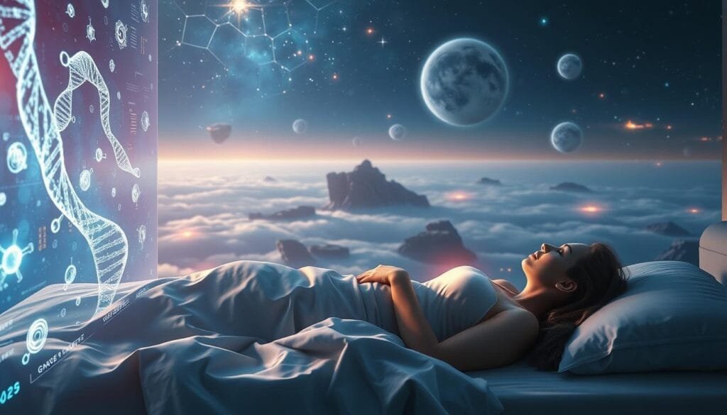 A futuristic scene depicting genetic therapies and their potential impact on human sleep. In the foreground, a holographic display showcases intricate molecular structures, hinting at advanced genetic manipulation. In the middle ground, a serene figure reclines, bathed in a soft, ethereal glow, suggesting the integration of these therapies into one's sleep cycle. The background is a vast, dreamlike landscape, with floating islands and swirling energy fields, symbolizing the boundless possibilities of this technology. The lighting is a balance of cool, futuristic tones and warm, soothing hues, creating an atmosphere of scientific progress and personal tranquility. The overall composition conveys a sense of wonder and optimism about the future of sleep and its therapeutic applications.