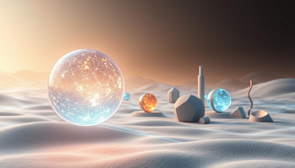 A futuristic scene depicting innovative energy objects, showcasing the potential of objects to store memories. In the foreground, a glowing, sleek energy sphere hovers, its surface shimmering with dynamic patterns that seem to pulse with stored recollections. In the middle ground, various abstract shapes and forms, each with its own unique energy signature, are arranged in a harmonious display. The background is a dreamlike landscape of undulating energy fields, hinting at the limitless possibilities of this groundbreaking discovery. The lighting is soft and ethereal, creating an atmosphere of wonder and exploration. The camera angle is slightly elevated, allowing the viewer to take in the full scope of this innovative energy-based ecosystem.