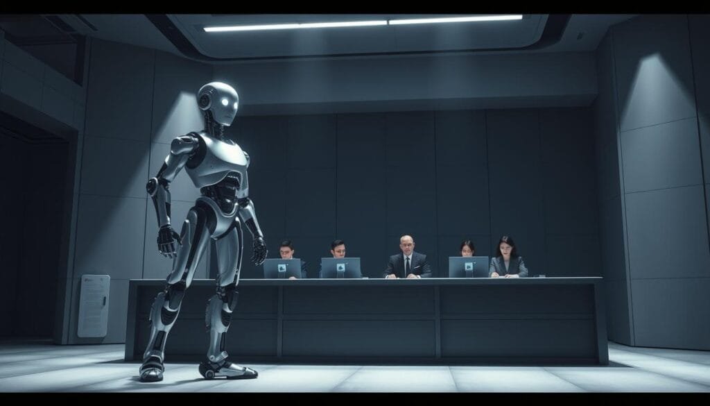 A futuristic scene depicting the legal regulation of advanced robots. In the foreground, a towering android stands before a desk, its mechanical limbs and glowing eyes commanding attention. Behind the desk, a panel of jurists in formal attire scrutinize holographic documents, their faces illuminated by the soft glow of computer screens. The background is a sleek, minimalist courtroom, with high ceilings and modern architectural details. Dramatic lighting casts long shadows, creating a sense of gravitas and importance. The scene conveys the complex legal and ethical issues surrounding the rights and responsibilities of highly intelligent machines, as humanity grapples with the challenges of this new technological frontier.