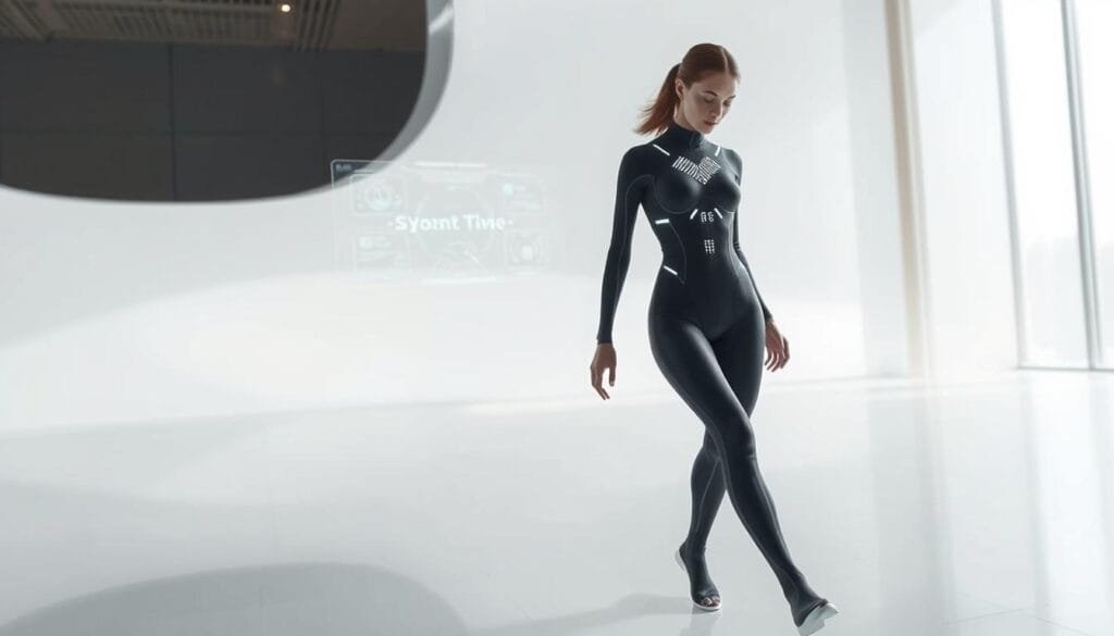A futuristic scene showcasing the intersection of fashion and technology. In the foreground, a model effortlessly glides through a minimalist white space, wearing a sleek, form-fitting bodysuit adorned with subtle, integrated LED panels that gently pulse with dynamic patterns. The middle ground features a holographic interface projected above the model's hand, allowing for seamless control of various smart functions embedded in the garment. The background depicts a softly lit, high-tech environment with clean, architectural lines and muted tones, hinting at the advanced, yet practical nature of this "functional fashion" concept. The lighting is soft and diffused, creating a sense of elegance and sophistication. The overall mood is one of understated futurism, where technology and style effortlessly coexist.