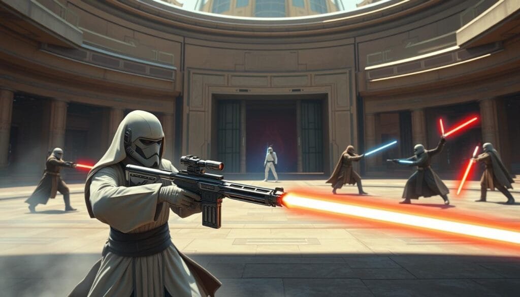 A futuristic, technologically-advanced Star Wars scene depicting the advantages of blasters with AI technology. In the foreground, a Jedi wielding a sleek, high-tech blaster rifle fires rapid, precision shots. The blaster's targeting system is enhanced by an AI interface, allowing the Jedi to accurately track and neutralize multiple adversaries. In the middle ground, other Jedi engage in close-quarters combat, their blasters seamlessly integrating with their movement and lightsaber techniques. The background showcases the modernized Jedi Temple, its architecture blending classic design with cutting-edge technologies. Dramatic lighting casts dramatic shadows, heightening the sense of intensity and power. The overall atmosphere conveys the Jedi's adaptability and the strategic advantages of AI-enhanced blasters in the Star Wars universe.