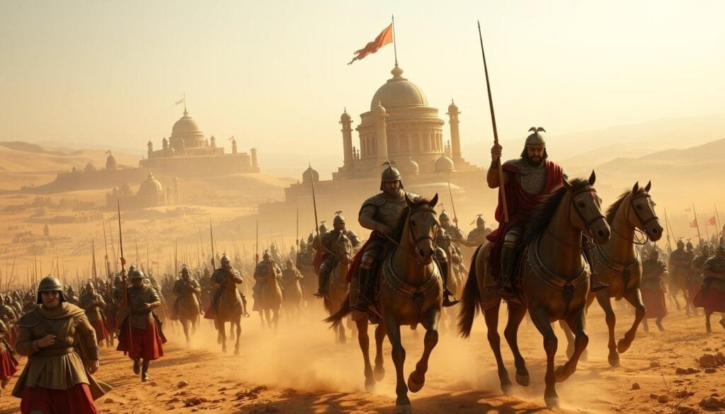 A grand Persian empire unfolds, its rulers astride mighty armies, conquering vast lands. In the foreground, armored soldiers march in disciplined formation, their weapons gleaming under a warm desert sun. In the middle distance, towering citadels and grand palaces rise, symbols of the empire's might. The background fades into a shimmering horizon, where the sands of time obscure the empire's distant reaches. The image conveys a sense of scale, power, and the historical sweep of the Persian dominion, setting the stage for the expedition's fateful journey into the merciless desert.