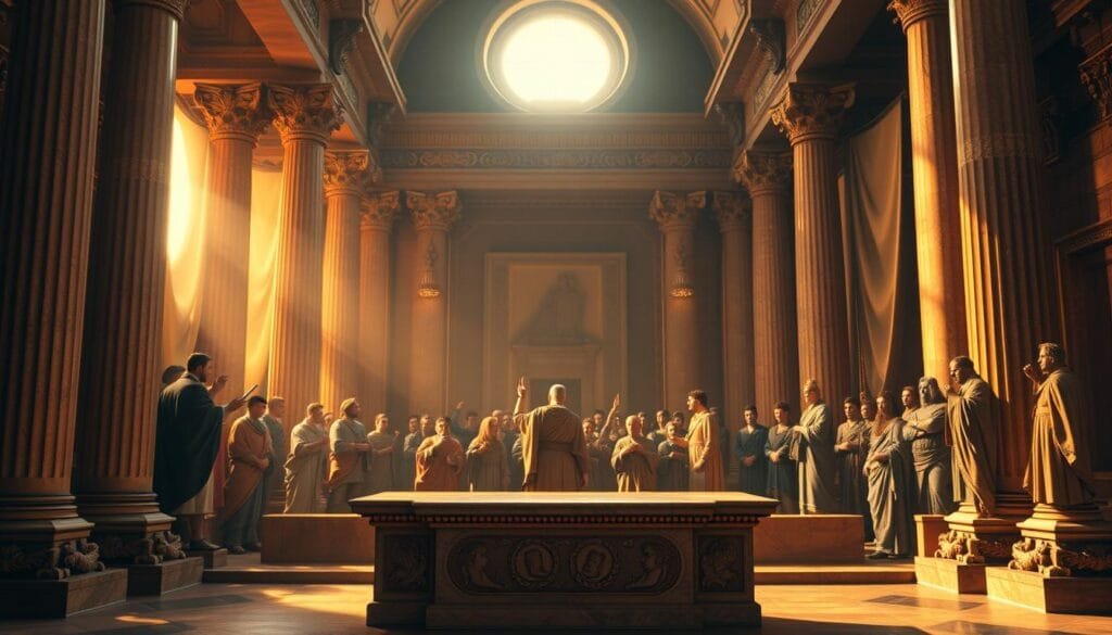 A grand Roman courtroom, bathed in warm, golden light filtering through ornate windows. In the foreground, a marble podium stands, adorned with intricate carvings depicting figures of justice and wisdom. Towering columns frame the scene, their bases adorned with laurel wreaths, symbols of authority and triumph. In the middle ground, robed scholars and lawmakers debate, their animated gestures and scholarly expressions conveying the weight and gravity of their discourse. The background reveals the grandeur of the Roman Empire, with majestic archways, sweeping draperies, and a sense of timeless elegance. The overall atmosphere evokes the profound legacy of Roman jurisprudence, its lasting impact on the development of Western legal systems.