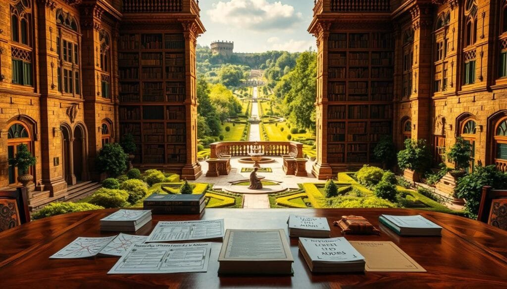 A grand and ornate stone palace, its intricate facades and towers bathed in warm, golden light. In the foreground, a series of memory aids and techniques, including a mind map, flashcards, and a mnemonic device, are artfully arranged on a polished wooden table. The middle ground features a scholar deep in contemplation, surrounded by towering bookshelves filled with volumes of knowledge. In the background, a lush, verdant garden provides a serene and inspiring backdrop, with winding paths and a tranquil fountain. The overall scene conveys a sense of wisdom, discipline, and the power of the human mind to harness the techniques of the "palace of memory" to retain and recall information with ease.