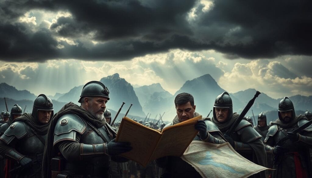 A grand battlefield landscape, with towering peaks in the distance and billowing storm clouds overhead. In the foreground, a group of stern-faced business executives pore over tactical maps and issue commands, their combat fatigues and determined expressions conveying the high stakes of their enterprise. Shafts of dramatic light pierce the gloom, illuminating their faces and the intricately detailed armor and weapons they have adapted from ancient military designs. The atmosphere is one of focused intensity, as these modern-day strategists draw inspiration from the timeless lessons of history to navigate the treacherous terrain of the corporate world.