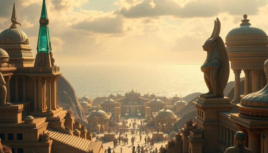 A grand, cinematic depiction of the lost city of Atlantis, its mythical influence permeating the silver screen. In the foreground, ancient Atlantean architecture rises majestically, adorned with glowing crystal spires and shimmering domes. Towering statues of mythical Atlantean deities stand guard, their gazes intense and enigmatic. The middle ground reveals a bustling Atlantean metropolis, its citizens engaged in daily life, their clothing and customs evoking a bygone era. In the distant background, the vast expanse of the ocean shimmers, hinting at the city's fabled submersion. Warm, golden lighting casts a dreamlike, cinematic glow, evoking a sense of wonder and mystery. The overall atmosphere is one of grandeur, mysticism, and the timeless allure of this legendary lost civilization.