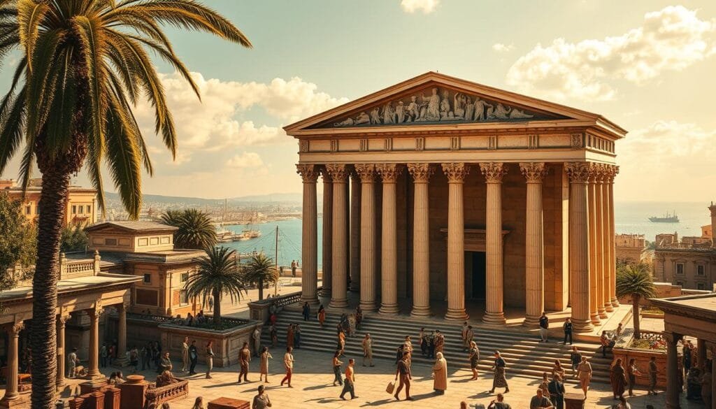 A grand classical library, the Fundación Ptolomeica Mouseion, stands proudly in a sun-dappled Hellenistic cityscape. Majestic columns and ornate pediments frame its grand entrance, inviting scholars to explore its vast collections. Surrounding the library, a bustling marketplace with merchants, philosophers, and artisans exemplifies the vibrant intellectual and cultural life of the Ptolemaic era. Warm Mediterranean light filters through the columns, casting intricate shadows across the intricate architectural details. In the distance, the glimmering waters of the harbor and the silhouettes of ships evoke the global reach and cosmopolitan nature of this renowned center of learning.