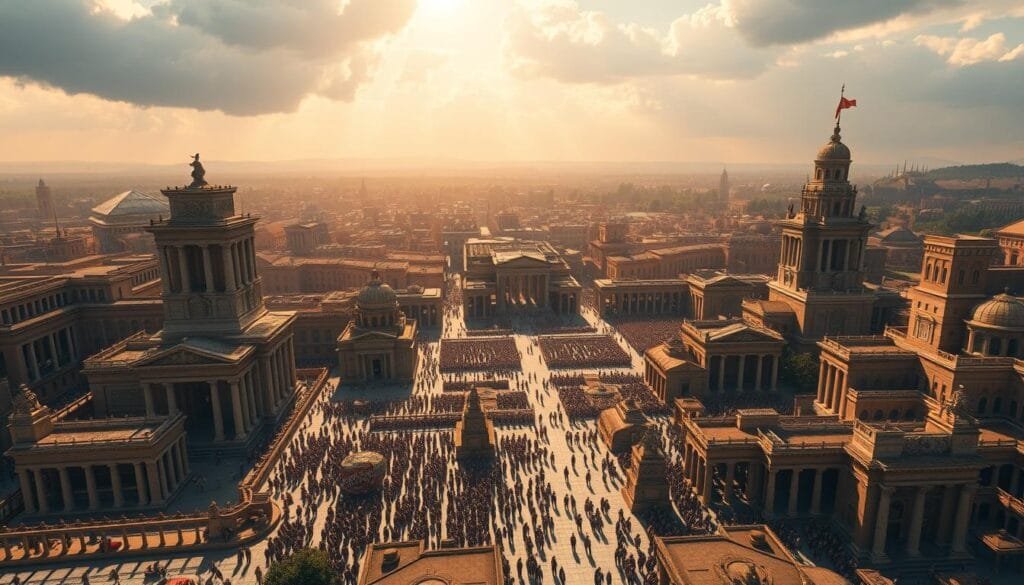 A grand historical simulation, showcasing an alternate timeline where the mighty Roman Empire stood unshaken. In the foreground, a vast, bustling metropolis of ancient Rome, its towering structures and bustling streets rendered in meticulous detail. Intricate carvings and towering columns adorn majestic buildings, while citizens go about their daily lives. In the middle ground, a sprawling military encampment, legions of soldiers training and preparing for conquest, their armor gleaming in the warm, golden light. In the distant background, rolling hills and lush forests, hinting at the boundless expanse of the Roman territories. The scene is imbued with a sense of power, grandeur, and the unbreakable spirit of a civilization that has defied the ravages of time, as imagined through the lens of advanced artificial intelligence.