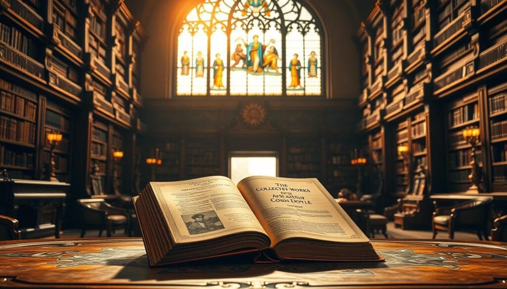 A grand, imposing library interior with ornate bookshelves, antique furniture, and a large stained-glass window in the background, bathed in warm, golden light. In the foreground, a grand, hardcover book with the title "The Collected Works of Sir Arthur Conan Doyle" rests on an ornate wooden table, its pages open to reveal illustrations and text. The lighting casts dramatic shadows, evoking a sense of mystery and intrigue, reflecting the literary legacy of the renowned author.