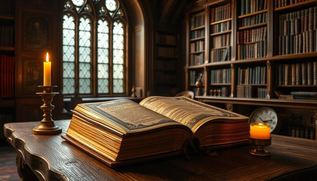 A grand, leather-bound tome sits on a weathered oak table, its gilded edges glimmering in the soft, amber light of a nearby candle. The book's cover is adorned with intricate, ornamental engravings, hinting at the treasure trove of knowledge it contains - the Biblia Sacra, the Gutenberg Bible, a groundbreaking work that would forever transform the course of European history. The scene is set in a cozy, scholarly study, with towering bookshelves lining the walls and a large, mullioned window casting a warm, golden glow across the room. The atmosphere is one of reverence and intellectual contemplation, capturing the profound impact of Gutenberg's revolutionary printing press and the enduring legacy of this remarkable volume.
