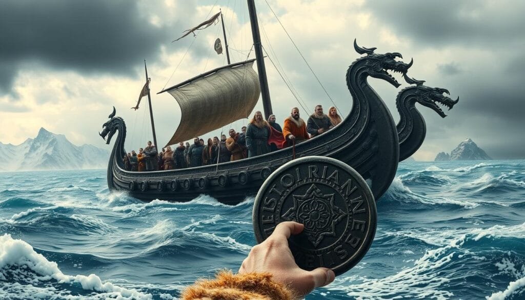 A grand longship with carved dragon prows glides across a churning, icy-blue sea, under a dramatic clouded sky. Viking warriors in furs and leather stand proudly on the deck, gazing ahead with steely determination. In the foreground, a weathered, rugged-faced chieftain clutches an ancient runestone, its runes glowing with mystic power. The middle ground reveals a snow-capped mountain range, and in the distance, a mysterious, fog-shrouded land mass emerges - hinting at undiscovered realms beyond the horizon. The scene evokes the spirit of the sagas, a timeless chronicle of exploration, conquest and the Viking's thirst for adventure.