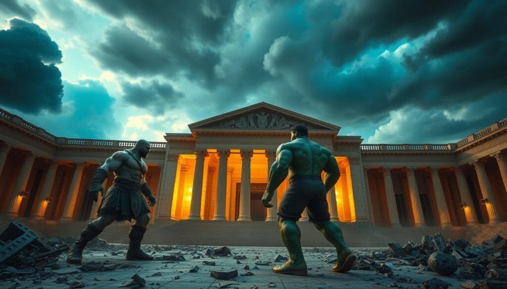 A grand, majestic palace of the ancient Greek gods stands tall, its columns and archways bathed in a warm, golden light. Battleclouds loom overhead, a prelude to an epic confrontation. At the palace's entrance, Kratos and Hulk face off, their muscular frames tense with raw power and primal fury. Rubble and debris litter the ground, a testament to the sheer force of their clash. The atmosphere is charged with an electric tension, as if the very air itself trembles in anticipation of the impending devastation. Capture the grandeur and intensity of this mythical clash, where the gods' domain becomes the stage for a titanic struggle between two unstoppable titans.