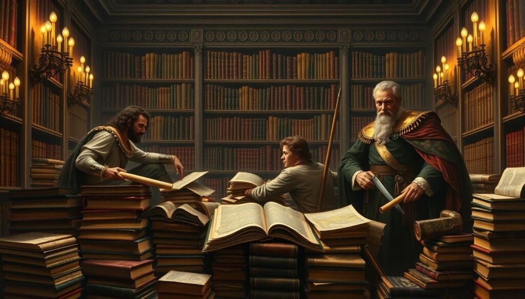 A grand oil painting of historical leaders' biographies, set in an elegant library with ornate shelves, dimly lit by wall sconces. Highlighted figures include Leonidas, Alexander the Great, William Wallace, and Napoleon, each in contemplative poses, surrounded by piles of books, scrolls, and antique maps. The composition emphasizes their storied pasts and enduring legacies, creating a sense of timeless wisdom and heroism. The palette is rich and subdued, with deep shadows and warm, golden highlights, evoking a sense of reverence and gravitas. The overall effect is one of reverence and scholarship, inviting the viewer to explore the lives and lessons of these iconic leaders.