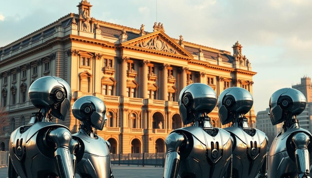 A grand, ornate European Parliament building, its facade adorned with intricate architectural details and statues. The structure stands tall, commanding attention. In the foreground, a group of sleek, humanoid robots gather, their metallic bodies gleaming under the warm, directional lighting. The robots appear to be engaged in discussion, their movements fluid and lifelike. The background features a city skyline, hinting at the broader context of this scene. The overall mood is one of thoughtful contemplation, as the robots seem to be deliberating on matters of great importance, possibly related to legislation or policy decisions. The composition is balanced, with the Parliament building serving as the central focus, surrounded by the robotic figures.