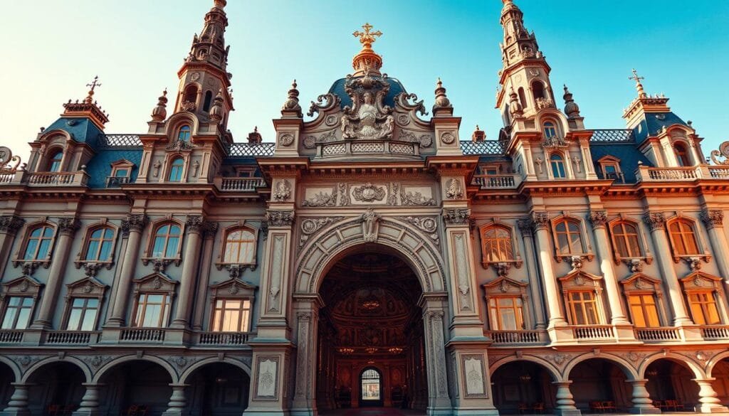 A grand, ornate palace with towering spires and intricate architectural details rises against a backdrop of a clear, azure sky. The building's facade is adorned with elegant columns, ornate carvings, and gleaming windows that reflect the warm, golden sunlight. The palace's entrance is framed by an impressive archway, inviting visitors to step inside and explore its wonders. The interior is filled with spacious halls, elaborate frescoes on the ceilings, and ornate furniture that evokes a sense of timeless grandeur. The overall atmosphere is one of awe-inspiring beauty, captivating the viewer and inspiring a deeper connection to the idea of a "palace of memory."