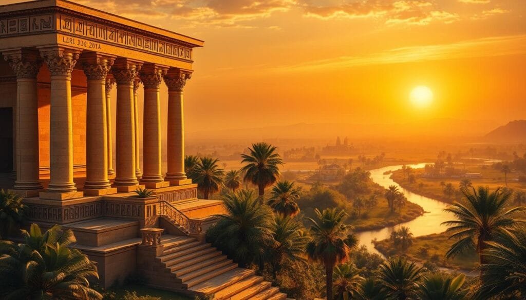 A grand, ornate temple stands proudly in the foreground, its intricate columns and hieroglyphic-adorned walls a testament to the cultural legacy of Cleopatra's Egypt. Bathed in warm, golden light, the temple's grandeur is complemented by the lush, verdant landscape in the middle ground, where the Nile River winds its way through verdant palms and exotic flora. In the distance, a glowing sunset casts a dreamlike, atmospheric hue over the entire scene, hinting at the transformative power and lasting impact of Cleopatra's reign. A perfect blend of historical detail, natural beauty, and a sense of timeless wonder.