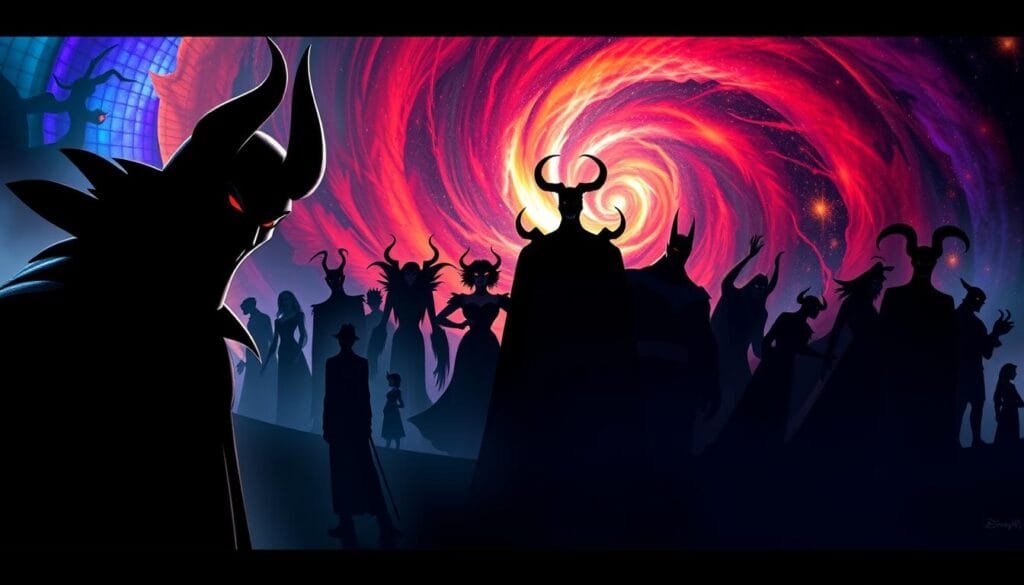 A grand, panoramic view of the evolution of Disney's iconic villains, depicted in a cinematic style. In the foreground, a looming shadowy figure with piercing eyes and sinister horns, representing the classic Disney villain. In the middle ground, a parade of menacing silhouettes, each with distinct features and poses, showcasing the diverse array of antagonists that have graced the silver screen. The background is a swirling, technicolor vortex of energy, hinting at the dark, fantastical worlds these villains inhabit. Dramatic lighting casts dramatic shadows, heightening the sense of foreboding and power. The overall composition is both visually striking and narratively compelling, capturing the essence of Disney's evolving portrayal of cinematic evil.