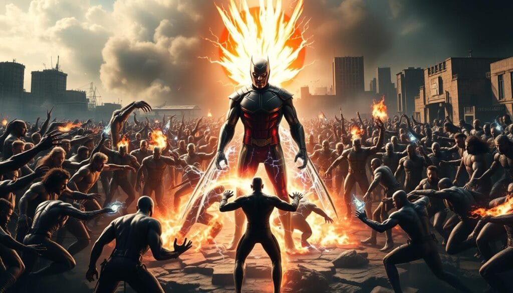 A grand, sweeping scene of the evolution of the Brotherhood of Mutants, depicted with cinematic grandeur. In the foreground, Magneto stands tall, his magnetic powers radiating a sense of power and purpose. Surrounding him, a legion of mutants in various stages of their own evolution - some humanoid, others more animalistic or otherworldly in form. The middle ground is a chaotic swirl of energy, electricity, and mutant abilities clashing in a display of raw, primal force. In the background, a dystopian cityscape crumbles, symbolizing the transformation and upheaval brought about by the Brotherhood's crusade. The lighting is dramatic, with deep shadows and highlights that accentuate the drama and intensity of the scene. The overall mood is one of revolution, change, and the struggle for a new world order led by the evolved mutant species.