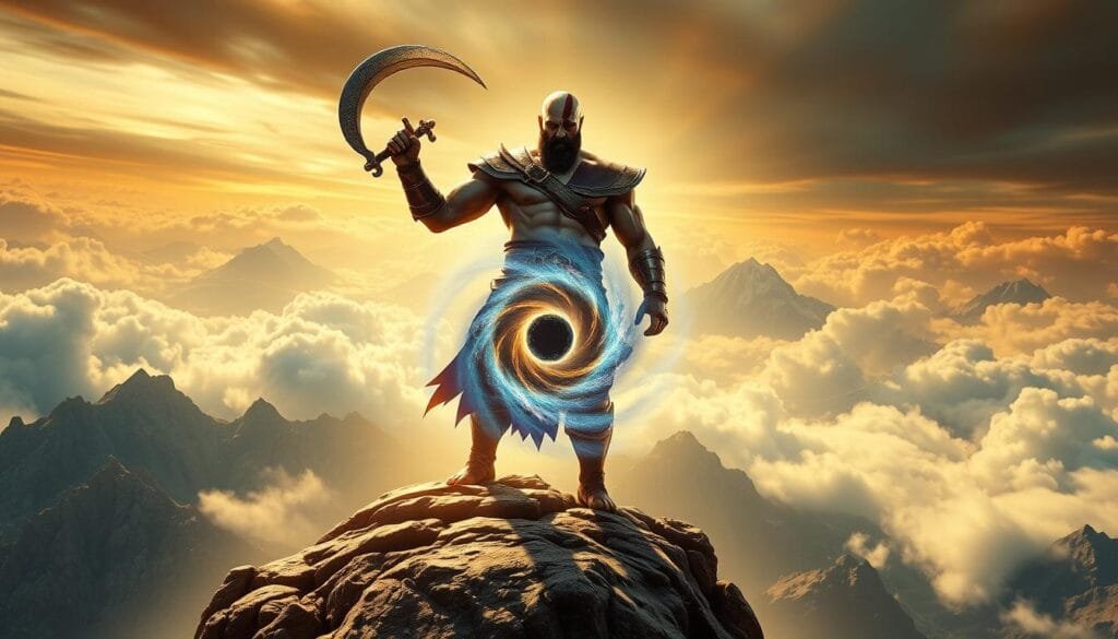 A grandiose and dramatic scene depicting Kratos, the God of War, standing victorious atop the mighty Mount Olympus, his powerful physique bathed in a warm, golden light. The Spartan warrior grasps the hilt of his legendary Blades of Chaos, symbolizing his conquest of the Olympian pantheon. In the middle ground, a swirling vortex of energy and power emanates from the realm of the gods, creating an aura of mysticism and otherworldly might. The background is a sweeping vista of majestic, cloud-shrouded peaks, suggesting the scale and grandeur of Kratos' newfound reign over the Olympian empire.
