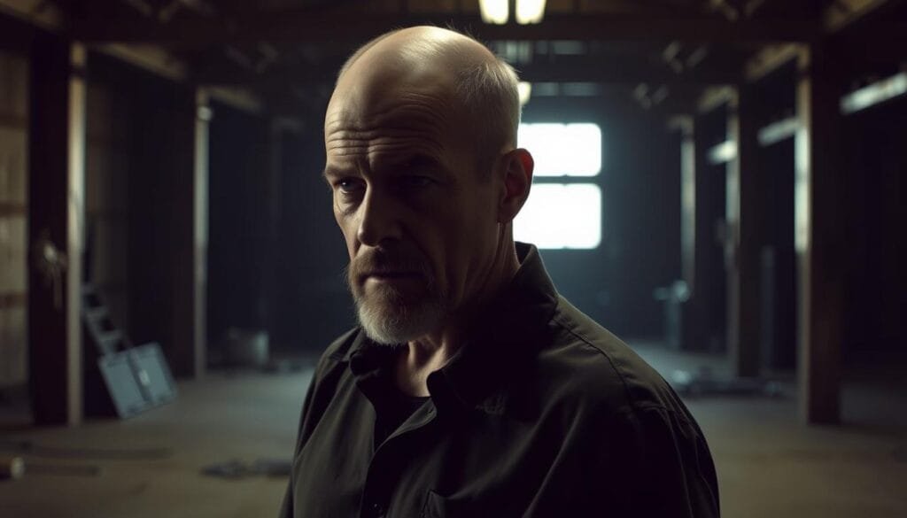 A gritty, cinematic scene of an alternate ending to the TV series "Breaking Bad." In the foreground, Walter White stands alone, bathed in dramatic side-lighting, his weathered face etched with a pensive, contemplative expression. Behind him, the dimly lit interior of a remote, abandoned warehouse or lab space, hinting at the criminal underworld he once navigated. The atmosphere is heavy with a sense of finality and unresolved tension, as if Walter has reached a crossroads, uncertain of his ultimate fate. The overall mood is one of subdued intensity, suggesting an ending that departs from the original narrative, allowing the viewer to imagine a divergent path for the iconic character.