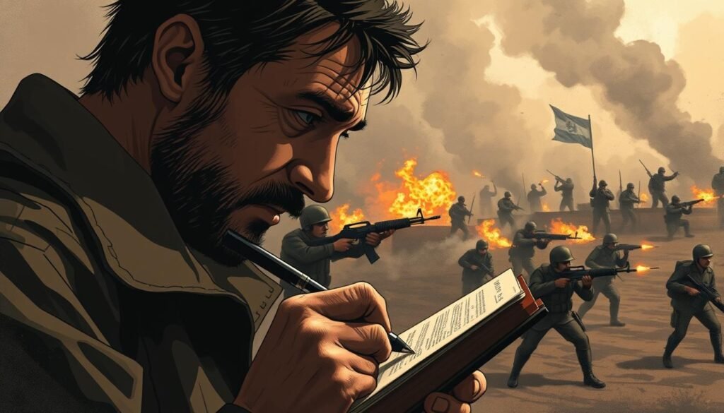 A gritty, hard-hitting journalistic chronicle of conflict, captured in a dynamic digital illustration. In the foreground, a journalist with a weathered expression scribbles furiously in a notebook, conveying the intensity of the moment. Behind them, a hazy scene of chaos - soldiers engaged in battle, smoke billowing, the crackle of gunfire filling the air. The lighting is dramatic, casting harsh shadows that heighten the sense of tension and urgency. The composition is angled to create a sense of movement and immediacy, as if the viewer is witnessing the events unfold firsthand. The overall tone is one of raw, uncompromising reportage, reflecting the gravity and significance of the "War of Football" conflict.