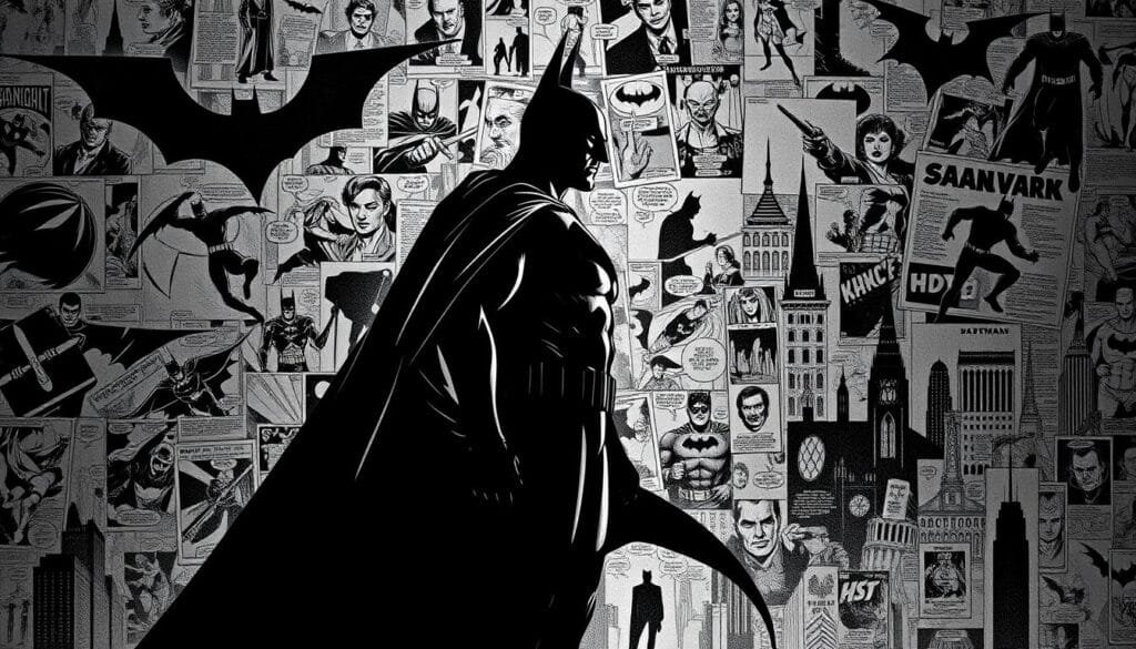 A gritty, noir-inspired comic book panel showcasing the profound legacy of Batman, the Dark Knight of Gotham. In the foreground, the iconic silhouette of the Caped Crusader stands resolute, cape billowing in the wind, his sharp angular features cast in dramatic chiaroscuro lighting. Around him, a montage of symbolic imagery - the batarang, the Bat-Signal, the rogues gallery of villains he has faced, the city skyline he has sworn to protect. The background is a rich, textured mosaic of comic book panels, panels that span decades of storytelling, capturing the multifaceted impact of this legendary character on the medium. The overall atmosphere is one of intense drama, brooding emotion, and the timeless, enduring legacy of the Batman.