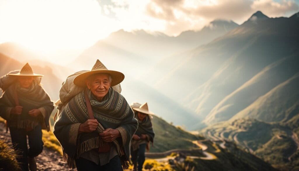 A group of Quechua porters carrying supplies along the iconic Inca Trail, winding through lush Andean foothills. The porters, wearing traditional woolen ponchos and wide-brimmed hats, trek diligently, their faces etched with determination. Sunlight filters through the misty air, casting a warm, golden glow over the scene. In the background, snow-capped peaks rise majestically, creating a serene, timeless atmosphere. The image conveys the arduous yet rewarding journey of traversing the Inca Trail, highlighting the importance of the local porters who make this iconic trek possible in an ethical and sustainable manner.