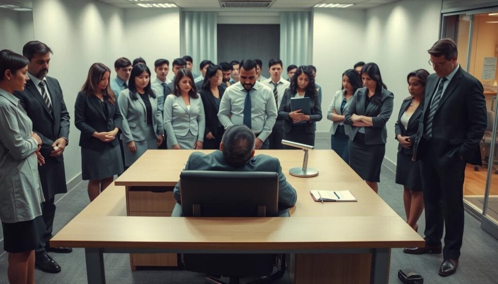 A group of office workers gathered around a colleague's desk, observing and hesitating to assist. The foreground features the isolated, distressed employee, slumped in their chair, surrounded by a sea of indifferent faces. The middle ground depicts the other workers, their expressions ranging from discomfort to disinterest, their body language conveying a collective reluctance to intervene. The background showcases the sterile, corporate office setting, with clean lines, neutral tones, and a sense of detachment. Soft, diffused lighting casts a somber mood, highlighting the palpable tension and the bystander effect at play. The scene aims to capture the dynamic of workplace inaction, where personal responsibility is often subsumed by the perceived role of others.