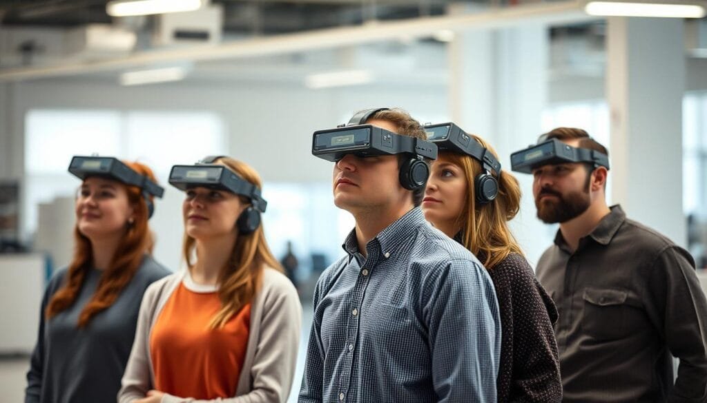 A group of people standing in a bright, open indoor space, their faces illuminated by a warm, focused light. They appear to be testing or demonstrating a novel form of human echolocation, using devices or sensors attached to their heads. The scene conveys a sense of scientific inquiry and practical exploration, with a focus on the individuals' expressions and body language as they navigate their surroundings through this unique sensory capability. The background is blurred, but suggests a clean, modern laboratory or research facility setting. The overall mood is one of curiosity, experimentation, and the potential for human evolution.