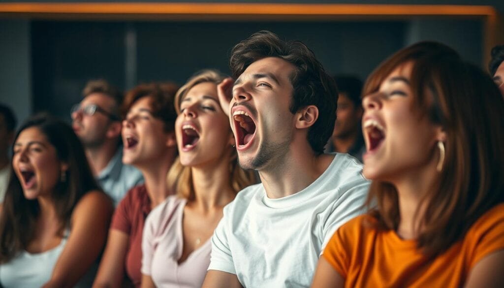A group of people yawning simultaneously, their mouths open wide in a contagious display of fatigue. The scene is captured in a warm, natural lighting that enhances the candid, unguarded expressions. The individuals are seated or standing close together, their body language and facial cues suggesting a sense of shared experience and social connection. The background is blurred, keeping the focus on the central group and the captivating, synchronous yawning phenomenon. The overall atmosphere conveys a sense of casual intimacy and the instinctive human tendency to mirror the actions of those around us.