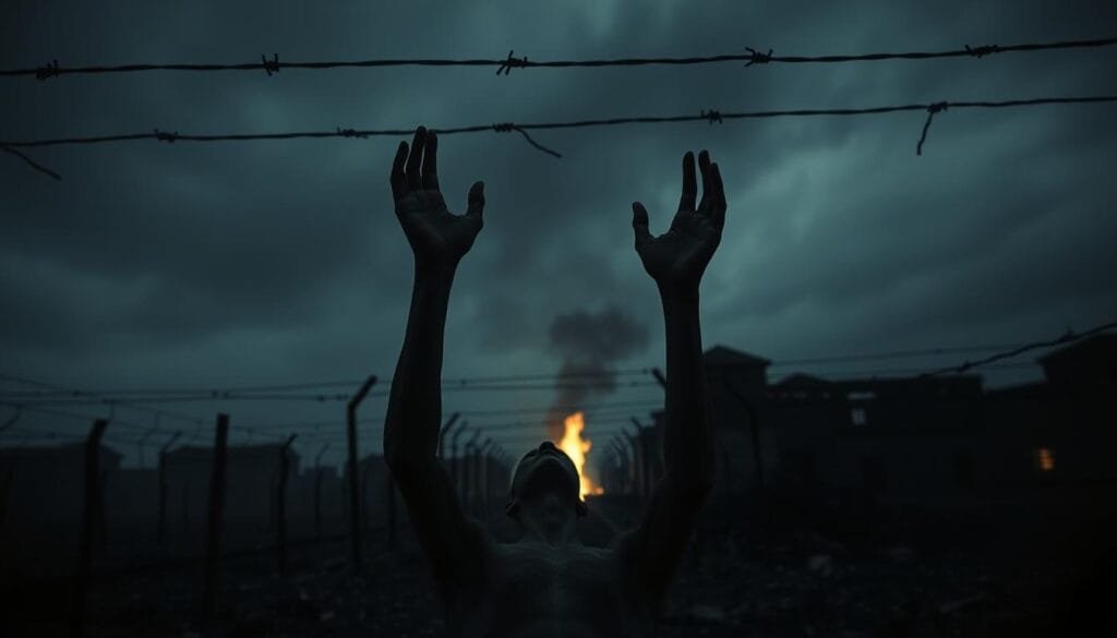 A haunting scene of the Holocaust's trauma. In the foreground, a lone figure - emaciated, eyes hollow, hands raised in anguish. Shadowy barbed wire and crumbling walls loom in the middle ground, conveying the horrors of the concentration camps. The background is a somber palette of grays and blacks, punctuated by the faint glow of a distant fire, symbolizing the smoldering remnants of a shattered existence. The lighting is stark, casting deep shadows that evoke a sense of overwhelming despair. The camera angle is low, amplifying the overwhelming weight of the subject matter. An atmosphere of profound anguish and historical tragedy permeates the scene.