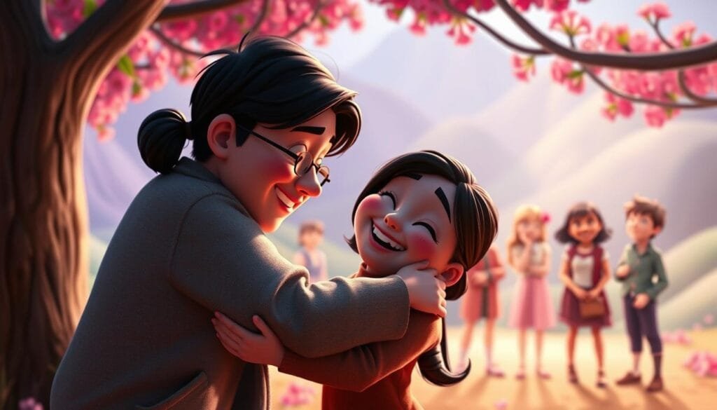 A heartwarming Pixar scene depicting the power of love and friendship. In the foreground, two Pixar-style characters embrace, their expressions conveying genuine warmth and affection. In the middle ground, their close-knit group of friends surround them, radiating a sense of communal joy and support. The background reveals a vibrant, whimsical Pixar-esque landscape, bathed in soft, cinematic lighting that enhances the emotional resonance. The overall composition evokes the enduring themes of Pixar's storytelling - the unbreakable bonds between loved ones, the strength found in kindred spirits, and the ability of genuine connection to uplift the human spirit.