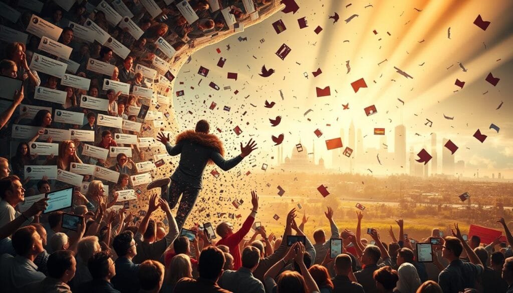 A heated debate rages on social media, with users exchanging views on societal stereotypes. In the foreground, a swirling vortex of diverse online avatars, profiles, and comment threads, representing the chaotic nature of the discourse. The middle ground features a metaphorical 'battlefield', with symbols of gender, race, and class clashing against a backdrop of digital landscapes and networks. In the distance, a hazy, fragmented skyline speaks to the far-reaching impact of these debates, as they reverberate through the broader cultural landscape. The lighting is dramatic, with rays of light cutting through the digital haze, creating an atmosphere of intensity and urgency. The overall composition conveys the complexity and gravity of the issues at hand, inviting the viewer to ponder the real-world consequences of these online exchanges.