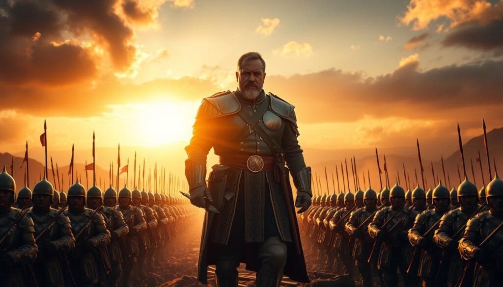 A heroic military leader stands tall, commanding an army in a historic battle. His stern face is illuminated by the golden glow of the setting sun, casting long shadows across the rugged terrain. In the middle ground, lines of disciplined soldiers march in perfect formation, their gleaming armor and weaponry reflecting the light. The distant horizon is shrouded in the haze of gunpowder and dust, hinting at the fierce clash of steel. An air of unwavering resolve and strategic brilliance permeates the scene, capturing the essence of legendary military leadership.