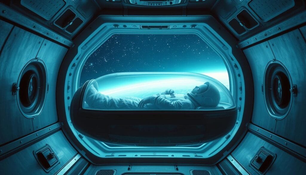 A hibernating astronaut floats peacefully in a dimly lit spacecraft interior, surrounded by a halo of soft, bluish-white light. The astronaut's body is encased in a specialized hibernation pod, its transparent cover offering a glimpse of the serene, slumbering figure. The cabin's metallic walls and panels reflect the pod's gentle glow, creating an atmosphere of tranquility and technological wonder. Through the spacecraft's windows, a vast, star-studded cosmos stretches, hinting at the vast distances the hibernating traveler may traverse. Subtle camera angles, balanced lighting, and a muted color palette evoke a sense of mystique and the boundless possibilities of long-term space exploration.
