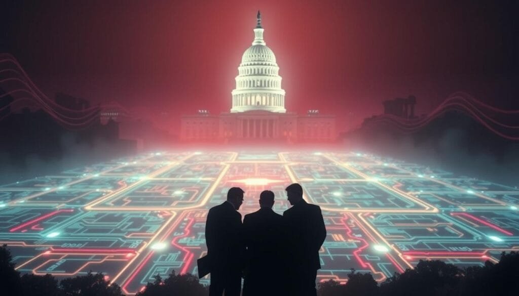 A high-contrast, cinematic digital landscape depicting the strategic maneuverings of modern political campaigns. In the foreground, a group of shadowy figures gathered around a glowing holographic display, meticulously plotting their next move. The middle ground features a maze-like network of interconnected digital pathways, information flows, and data streams, representing the complex web of online influence and digital engagement tactics. In the far background, a towering, monolithic structure symbolizing the seat of power, its facade illuminated by a pulsing, neon-hued glow. The scene is shrouded in an atmosphere of calculated intensity, technological sophistication, and the unwavering pursuit of political advantage.
