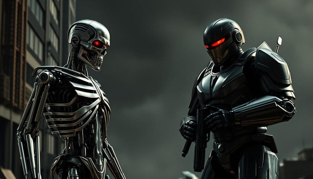 A high-contrast, cinematic scene depicting a confrontation between two advanced cyborg warriors. In the foreground, a sleek, chrome-plated Terminator model stands tall, its red eyes glowing with calculated menace. Across from it, a heavily armored Robocop unit crouches, its weapon systems primed and ready. The background is shrouded in a moody, metallic urban landscape, hinting at a dystopian future. Dramatic lighting casts sharp shadows, creating a sense of tension and impending conflict. The image conveys the raw power and technological prowess of these iconic cybernetic enforcers, poised for an epic showdown to determine the ultimate protector of the people.
