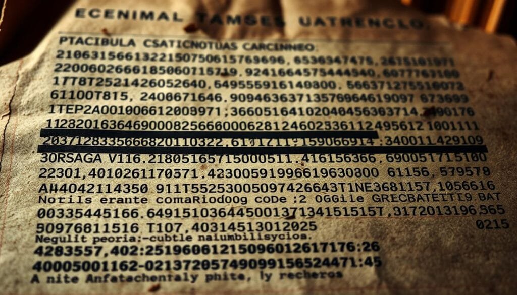 A high-contrast, close-up image of a complex, encrypted code named "código-jn25-criptoanálisis" displayed on an old, weathered paper document. The code appears as a dense matrix of symbols, numbers, and obscured text, suggesting a challenging cryptographic problem. The lighting is dramatic, with sharp shadows and highlights that lend an air of intrigue and mystery. The focus is sharp on the code itself, while the background is hazy and indistinct, keeping the viewer's attention centered on the task of deciphering the enigmatic message. The overall mood is one of intensity, with a sense of the high stakes and historical significance of cracking this legendary code.