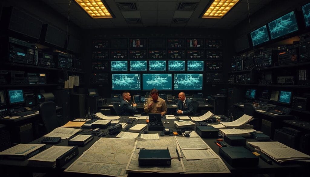 A high-contrast, wideangle photograph of a war room, illuminated by dim, moody lighting. In the foreground, a large table covered in maps, reports, and military communication equipment. In the middle ground, several officers huddled around the table, poring over documents and conversing intently. In the background, towering shelves of radio equipment, communication interfaces, and surveillance screens displaying real-time data. The atmosphere is tense, with a sense of urgency and critical decision-making. The overall scene conveys the gravity and high-stakes nature of military intelligence and strategy.