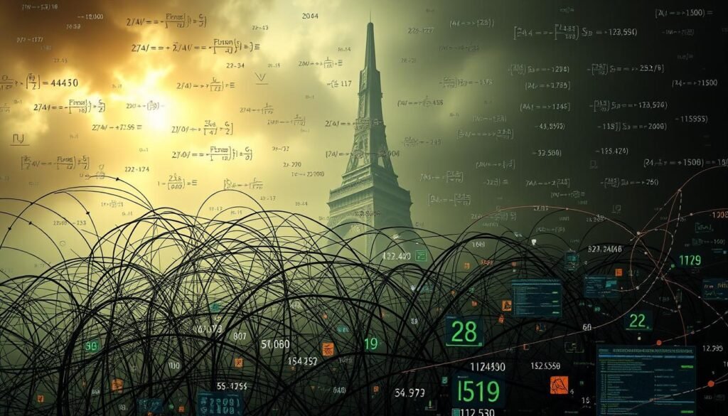 A high-impact, cross-cutting mathematical error, visualized through a complex, interconnected network of numerical calculations and data flows. The foreground depicts a tangled web of equations, formulas, and digital displays, hinting at the cascading consequences of a single miscalculation. The middle ground features a towering, abstract structure symbolizing the far-reaching impact across various sectors, industries, and institutions. The background is shrouded in an ominous, unsettling atmosphere, suggesting the gravity and magnitude of the error's influence. Dramatic lighting casts dramatic shadows, emphasizing the sense of urgency and the need for critical reflection on the role of precision in decision-making.