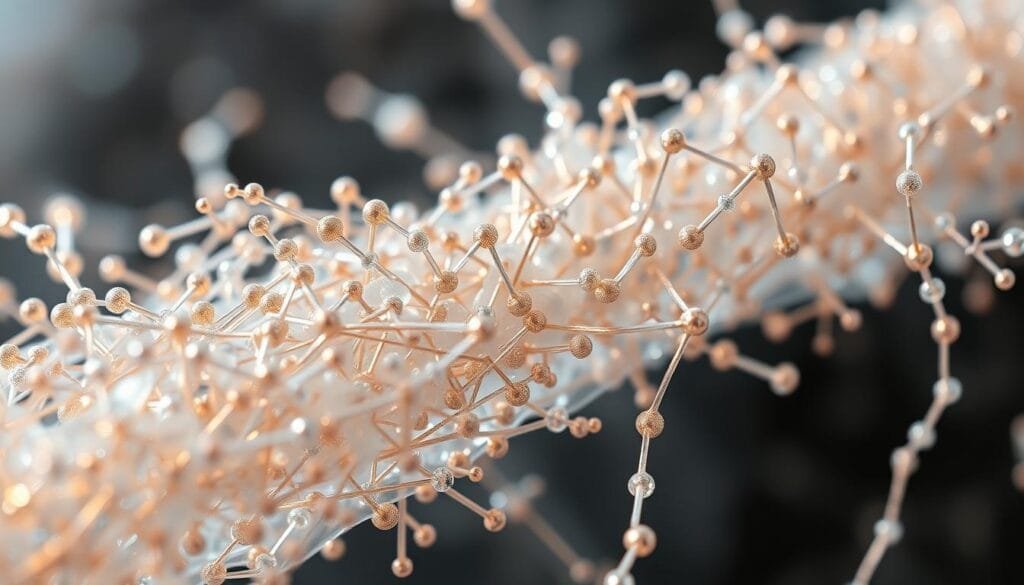 A high-magnification view of delicate nanocables, their metallic surfaces glistening, interwoven with a translucent, viscous protective gel. The nanocables are arranged in a complex, intricate pattern, reminiscent of a neural network or circuit board. The lighting is soft and diffused, casting subtle shadows that accentuate the three-dimensional structure. The overall atmosphere is one of scientific intrigue and technological innovation, hinting at the potential applications of this advanced material in the context of long-lasting energy storage solutions.