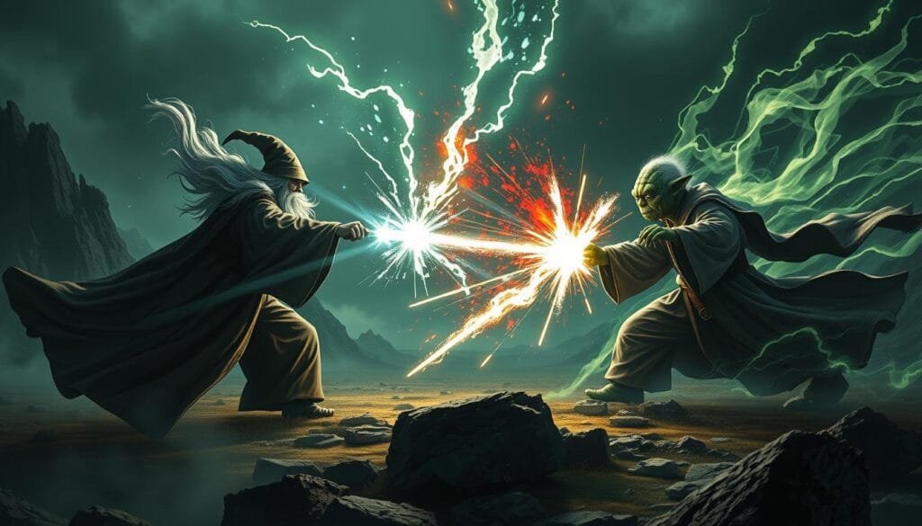 A high-resolution, cinematic digital illustration depicting the epic clash between the wizards Gandalf and Yoda. Set in a grand, fantastical battlefield, the two wise sages engage in an intense magical duel, their robes billowing as they unleash a dazzling display of spells and elemental forces. Beams of light and arcane energy crackle between them, casting dramatic shadows across the rugged, otherworldly landscape. The composition is balanced, with the dueling figures as the focal point, surrounded by a sense of depth and atmosphere. Moody, dramatic lighting accentuates the tension and power of the confrontation, creating a cinematic, awe-inspiring scene.