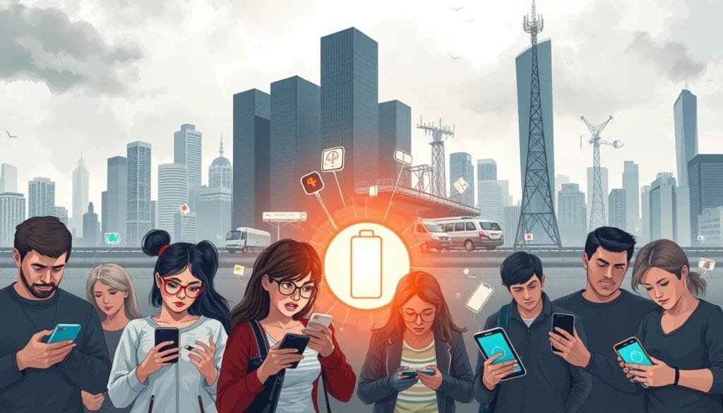 A high-resolution digital illustration depicting the impact of battery life on mobile devices, set in a modern urban environment. The foreground shows a group of people using smartphones, tablets, and smartwatches, their faces expressions of frustration as their devices' batteries quickly drain. In the middle ground, various critical sectors are represented, including healthcare, transportation, and telecommunications, all being disrupted by the lack of reliable battery power. The background features a cityscape with towering skyscrapers, a gloomy overcast sky, and a sense of technological dependency and vulnerability. The overall mood is one of concern and the urgent need for more sustainable battery solutions to maintain the seamless functioning of daily life and essential services.