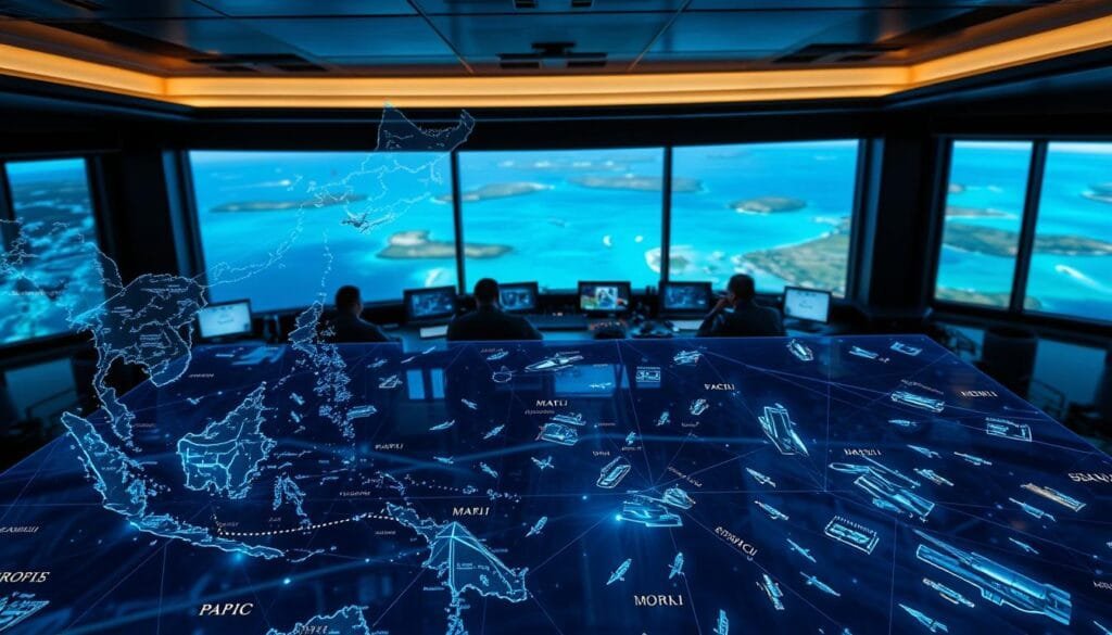 A high-resolution, photorealistic image of a strategic geopolitical simulation focused on the Pacific theater. In the foreground, a detailed holographic display projects shifting military forces and territorial boundaries, rendered with precision and depth. The middle ground features a command center with military personnel closely analyzing the simulation, their faces illuminated by the glow of screens. In the background, a panoramic window reveals a vista of distant islands and azure ocean waters, hinting at the global stakes of the simulation. The lighting is dramatic, with shadows and highlights accentuating the tension and gravity of the scene. The overall atmosphere conveys a sense of anticipation, as the stakeholders scrutinize the simulated outcomes that could reshape the balance of power in the Pacific.