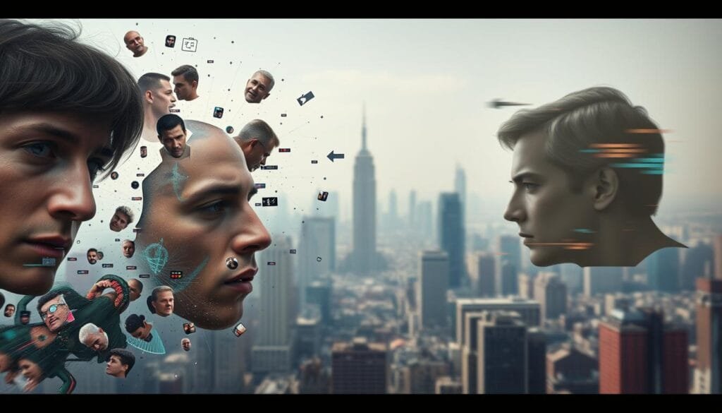 A high-resolution, visually striking image depicting the key elements of "datos e imágenes para deepfakes". In the foreground, a collection of facial features, expressions, and data points swirl together, highlighting the core components of deepfake technology. In the middle ground, a series of digital distortions, glitches, and morphing effects emphasize the uncanny and manipulative nature of deepfakes. In the background, a hazy, distorted cityscape provides a sense of the broader societal context, suggesting the pervasive impact of this emerging technology. The image should convey a sense of unease and uncertainty, reflecting the complex and potentially disruptive implications of deepfakes becoming indistinguishable from reality.