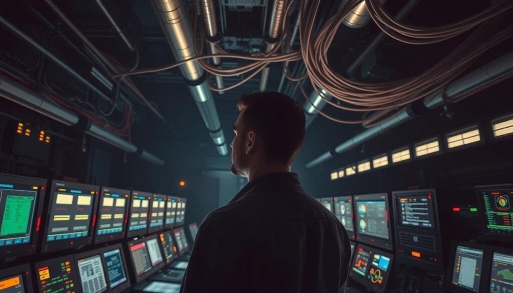 A high-security control room, filled with rows of glowing monitors and blinking status panels. In the foreground, a lone technician intently observing the systems, their expression focused and vigilant. Overhead, a complex array of cables and conduits snakes through the dimly lit space, conveying a sense of the critical infrastructure at work. The background is shrouded in shadows, hinting at the unseen threats that lurk beyond the boundaries of this secure enclave. The lighting is harsh and industrial, casting dramatic shadows that add to the sense of gravity and importance. This image should evoke a feeling of the vital importance of protecting these critical systems, the constant vigilance required, and the potential consequences of failure.