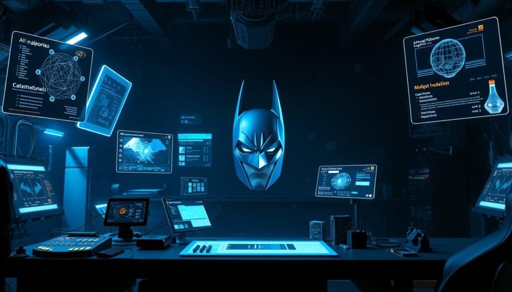 A high-tech Batcave workshop, illuminated by cool blue lighting and the glow of holographic displays. In the foreground, an array of specialized AI-powered image creation tools - sleek, angular devices humming with electronic energy. Floating UI panels showcase advanced algorithms, neural networks, and 3D modeling interfaces. In the middle ground, a large monitor displays a WIP render of Batman's iconic cowl, rendered in striking photorealistic detail. The background is shrouded in dramatic shadows, creating an air of mystery and intensity. The overall scene conveys a sense of cutting-edge technology enabling the creation of Batman's visuals, with a focus on the tools and processes rather than the character himself.